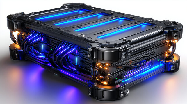 Serveur modulaire futuriste en titane noir avec des bandes lumineuses bleues et &eacute;vents industriels