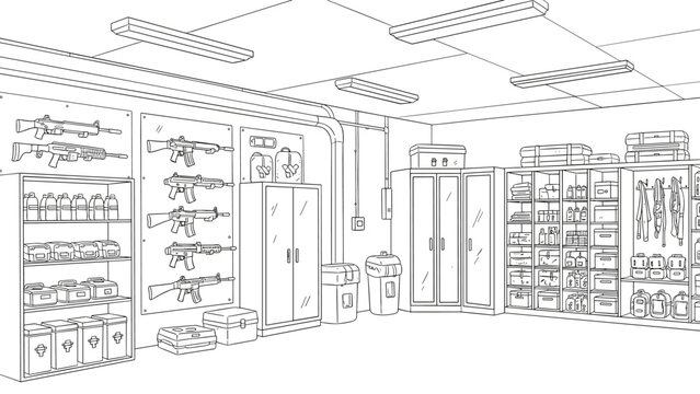 Line art armory room with firearms and tactical gear storage