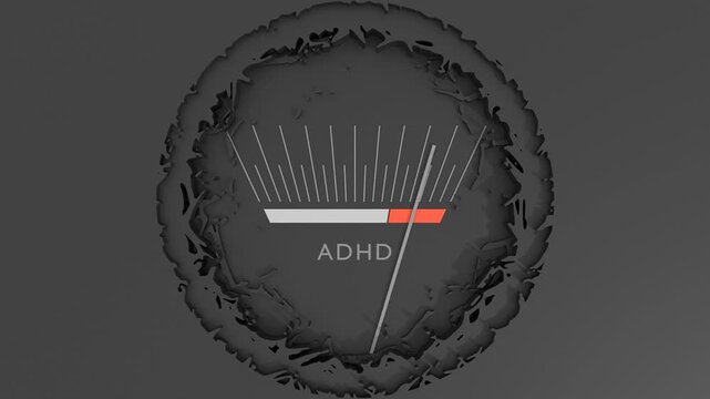 ADHD severity risk meter animation. ADHD that is hitting a full scale, showing a very high level of disorder, overload of it, too much of it. Maximum value, off the charts. Mental problems indicator.
