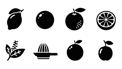 Fototapeta premium Citrus fruit silhouettes with juicer and leaves icons