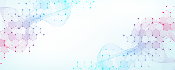 Fototapeta na wymiar Modern health care or medical background design. Health care innovation concept. Horizontal header web banner. Abstract geometric background with hexagon shapes for medicine, science, chemistry.