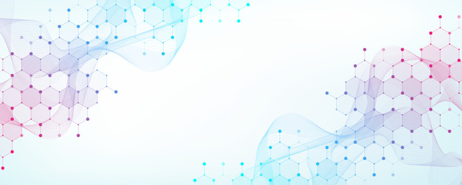 Modern health care or medical background design. Health care innovation concept. Horizontal header web banner. Abstract geometric background with hexagon shapes for medicine, science, chemistry.