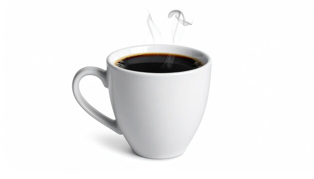A steaming cup of black coffee on a white background.