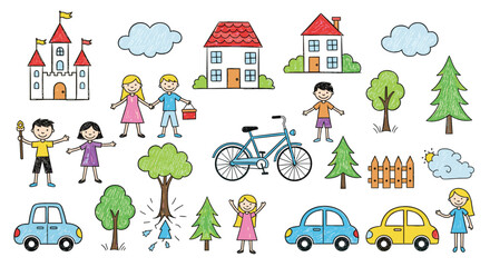 Fototapeta premium Colorful children crayon drawings featuring a castle, family, houses, trees, cars, a bicycle, and various nature elements.