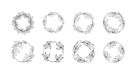 Collection of delicate hand-drawn circular wreaths made of small leaves and branches for minimal and organic decorative branding.