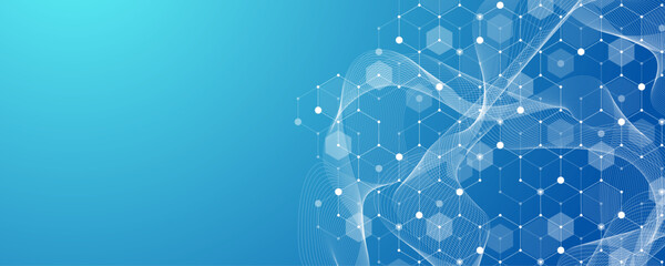 Molecular abstract structure and genetic engineering DNA. Healthcare and medicine background concept. Scientific research background. Wave flow. Innovation pattern. Vector illustration.