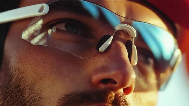 Man wearing sunglasses looking down, sunlight reflecting on glasses and face.