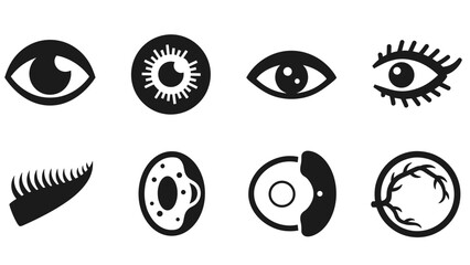 Eye and contact lens icons set in black silhouette style