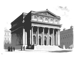 Naklejka premium majestic neoclassical structure featuring large columns, ornate pediment, and surrounding figures sketch engraving generative ai fictional character vector illustration. Scratch board. Black and white