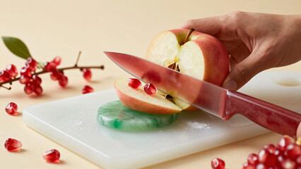Slicing a fresh red apple for a gourmet appetizer plate featuring delicious prosciutto ham, cheese, and healthy raw vegetables for a nutritious snack or breakfast meal