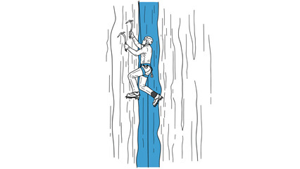 Fototapeta premium Climber scaling vertical ice wall in detailed sketch style with blue accents