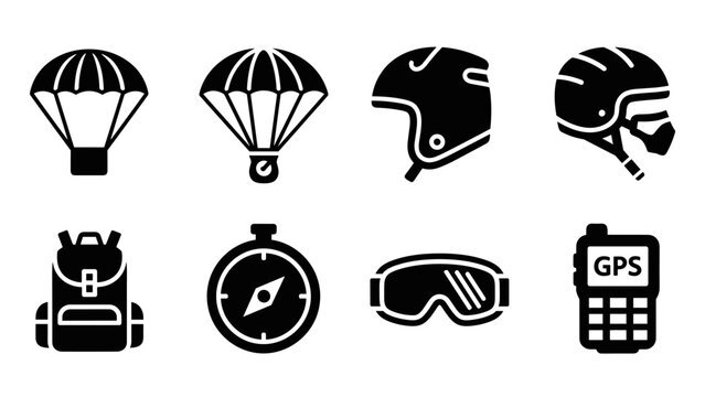 Adventure gear icons pack: parachute, helmet, backpack, and more essential equipment