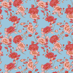 Seamless vector floral pattern with detailed red and pink chrysanthemums, buds and leaves on soft light blue background. Elegant repeating design for textiles, wallpapers, prints