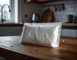 A plain white paper envelope package on a rustic wooden kitchen table. This clean aesthetic highlights modern ecommerce, home delivery services, and sustainable shipping solutions for all.