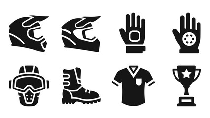 Fototapeta premium Silhouette icons of motocross gear: helmets, gloves, boots, jersey, trophy