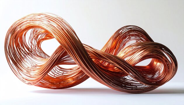 Abstract Copper Wire Infinity Symbol Sculpture on White Background.