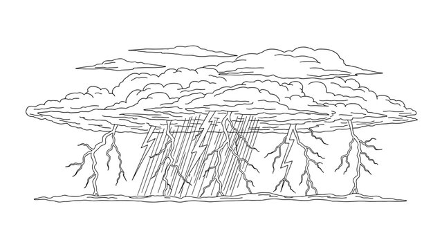 Thunderstorm clouds with lightning and rain in linear outline style