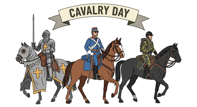 Cavalry soldiers riding horses in uniform, illustration of historical cavalry day scene from a side viewpoint