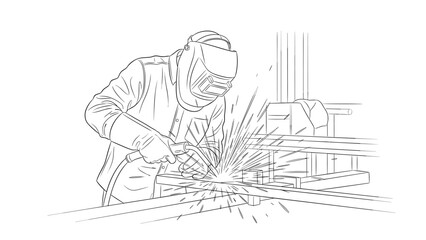 Obraz premium Blacksmith in protective gear welding metal with sparks in linear style