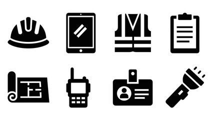 Construction and safety icons set in bold black silhouette style for industrial design