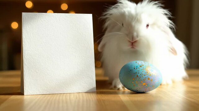 White rabbit inspects blue egg on wooden table with blank card nearby. Bright indoor setting with soft lighting. Concept of pet care, holiday events, greeting cards