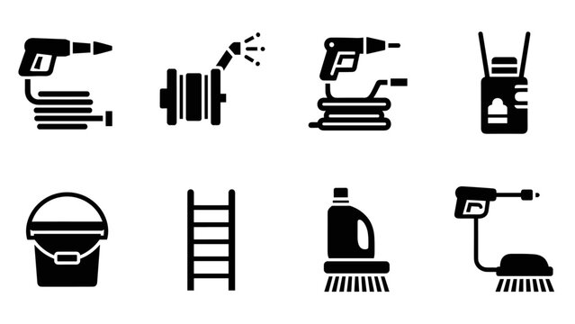 Black and white cleaning and repair tools icons set for home and diy projects