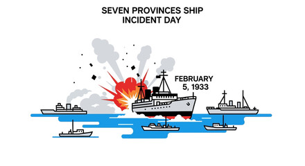 Naklejka premium Naval Battle Scene with Exploding Ship and Surrounding Vessels in the Open Sea