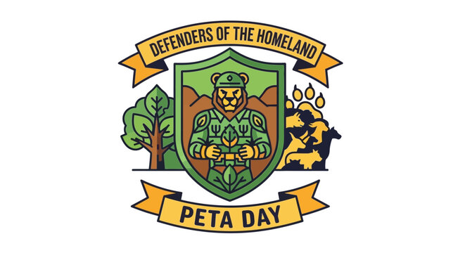 Vector illustration of a shield with a knight and banner reading 'Defenders of the Homeland PETA Day'