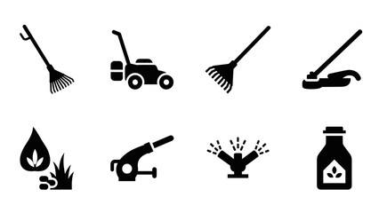 Obraz premium Garden tools icons set: silhouette design featuring rakes, lawn mower, sprinklers