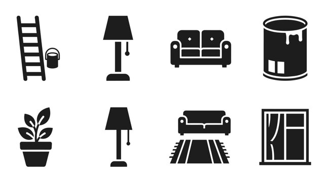 Silhouette home objects set: furniture, decor, ladder, paint