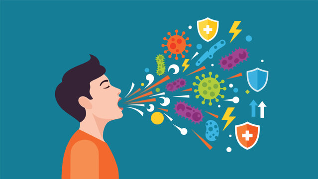 Illustration of a person coughing or sneezing, expelling various germs, viruses, and bacteria, with symbols of immune system defense and protection.