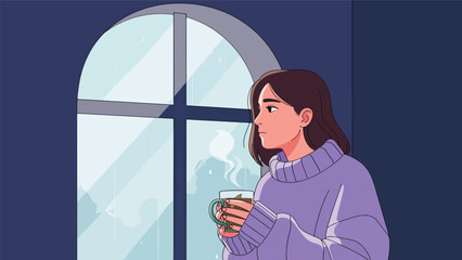 Fototapeta premium Thoughtful young woman in a warm purple sweater sips a hot beverage while gazing out an arched window on a cold day.