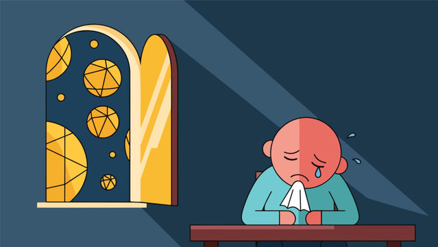 Sad person crying into a tissue at a table, looking out a window with geometric shapes and light