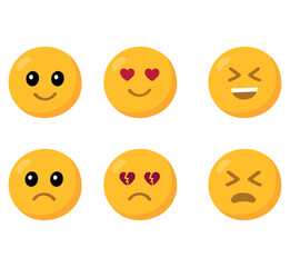 Yellow emoji face icons with happy and sad expressions, social media emoticon vector set