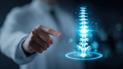Doctor interacting with a glowing 3D model of a human spine on a futuristic interface