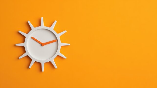 White sun shaped wall clock with orange hands positioned on vibrant orange surface Daylight Savings Daylight Saving Time