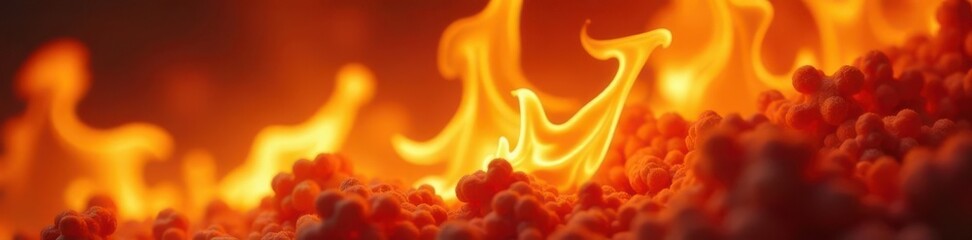 Intense orange and yellow flames, close-up detail , background, combustion, close up