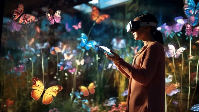 A woman in VR headset explores a digital butterfly garden. Side angle captures immersive video experience with vibrant, surreal visuals. Live desktop wallpaper.