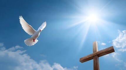 White dove flying near wooden cross against blue sky with bright sun rays, christian symbol of hope, peace and resurrection