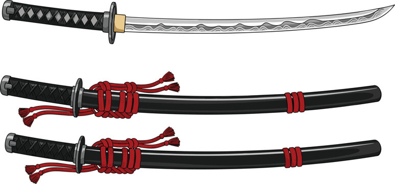 Traditional Japanese katana sword illustration with detailed blade, scabbard, and cord accents, ideal for martial arts, samurai culture, and weapon design visuals.