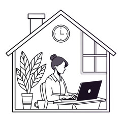 Minimalist flat vector of a person working from home on a laptop with coffee and a plant