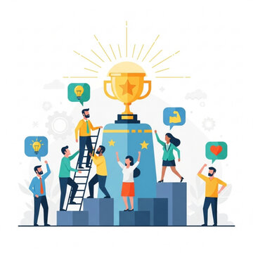 A group of people celebrating success with a large trophy and ideas