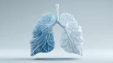 Abstract 3D rendering of a human lung structure with icy blue tones and intricate branching patterns