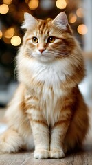Fototapeta premium Beautiful fluffy ginger cat sitting on wooden floor with golden bokeh lights, majestic red kitten for cozy home holiday concept