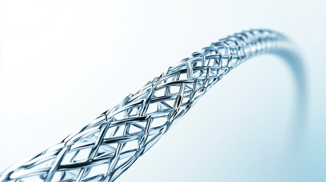 stent. A single metallic mesh stent with an open lattice on a solid light blue background. STEM education sheets, lab safety posters, designed for biotech research communications.