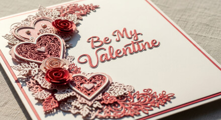 Be My Valentine. Handmade Valentine greeting card with red white hearts and roses  for Valentine&rsquo;s Day celebration on light wooden background with copy space. Gift idea concept.