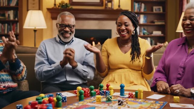 Friends laughing together during cozy tabletop boardgame night at home.