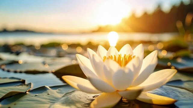 Close-up of white water lily flower with yellow center petals, lily pads on calm water, sunset sky background for natural beauty concept