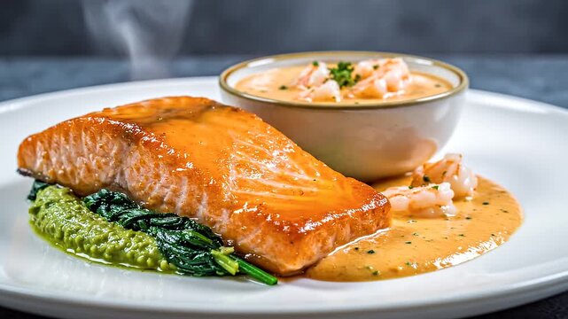Delicious Salmon Fillet with Spinach and Shrimp Sauce: A Culinary Food Delight