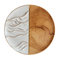 Circular half textured white surface and half woodgrain design on black backdrop